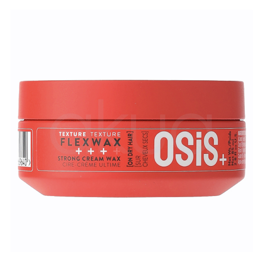 Cera fuerte Flexwax Osis 85ml. La imagen muestra un envase de formato tarro, de color rojo, de la marca Schwarzkopf Professional, línea OSIS+. El producto indicado en la etiqueta es "Flexwax", una cera cremosa de fijación fuerte para el cabello ("Strong Cream Wax"). El envase destaca por su diseño compacto y moderno, pensado para uso profesional o personal. H2o Akua