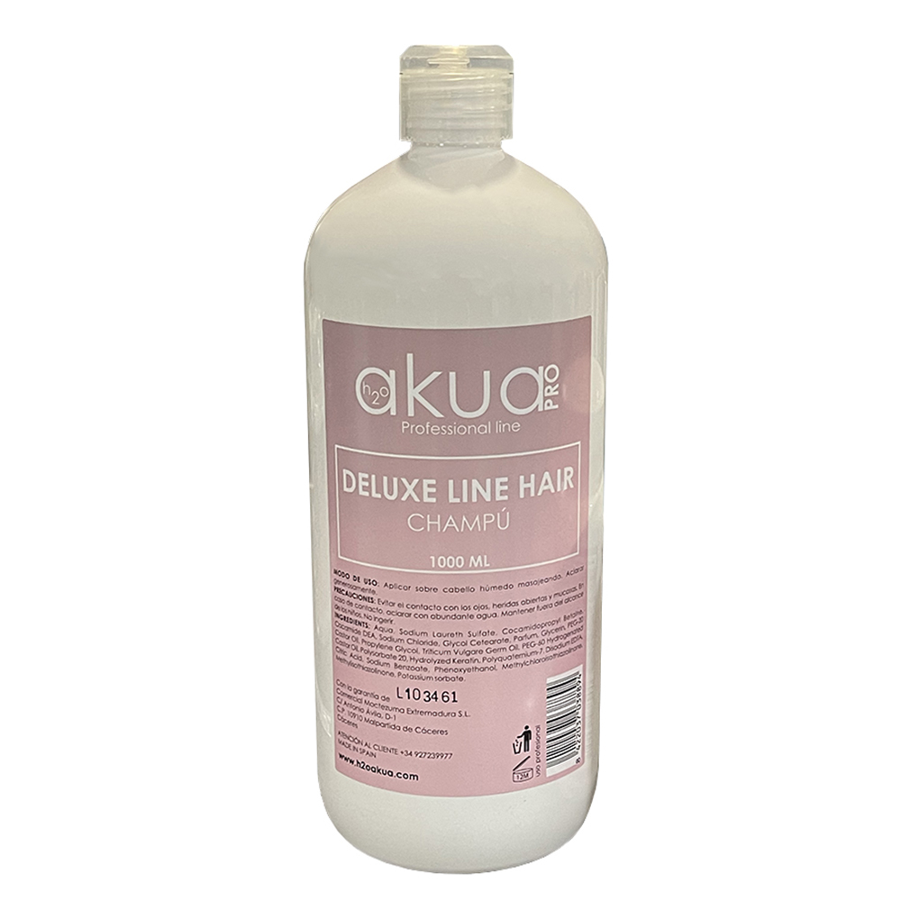 Champu Deluxe H2oAkua 1000ml. Botella de plástico translúcida y tapa de rosca, con etiqueta rosa y blanca, correspondiente al "Champú Deluxe Line Hair" de la marca H2oAkua Pro en formato profesional de 1000 ml.