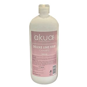 Champu Deluxe H2oAkua 1000ml. Botella de plástico translúcida y tapa de rosca, con etiqueta rosa y blanca, correspondiente al "Champú Deluxe Line Hair" de la marca H2oAkua Pro en formato profesional de 1000 ml.