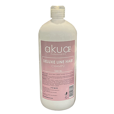 Champu Deluxe H2oAkua 1000ml. Botella de plástico translúcida y tapa de rosca, con etiqueta rosa y blanca, correspondiente al "Champú Deluxe Line Hair" de la marca H2oAkua Pro en formato profesional de 1000 ml.