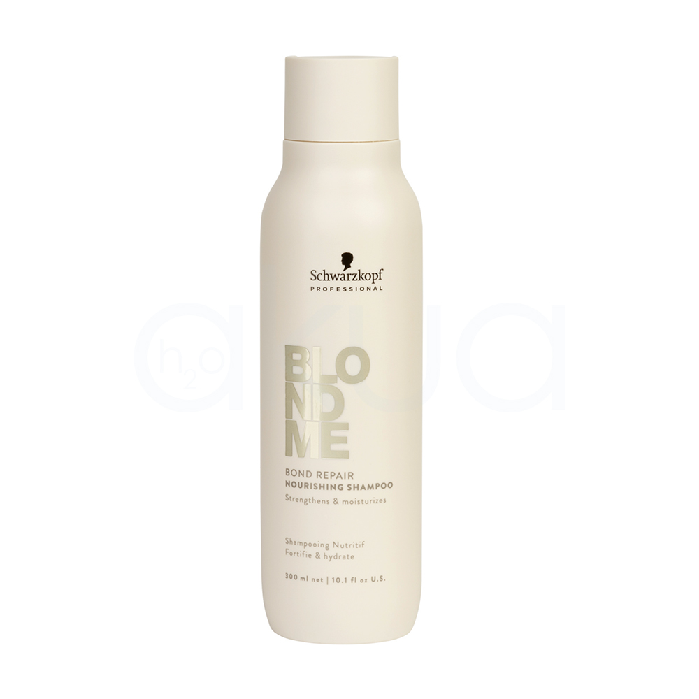 Champu reparador Bond Repair Blonde 300ml presentado en una botella cilíndrica blanca con una etiqueta en tono beige claro en letras grandes y doradas H2o Akua