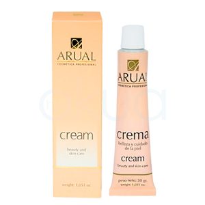 Crema Arual 30gr. Presenta tres formatos: una caja rectangular en color beige claro, un tubo de crema en posición vertical que coincide en color y diseño con la caja, y un segundo tubo de crema colocado horizontalmente delante de los otros dos elementos. H2o Akua