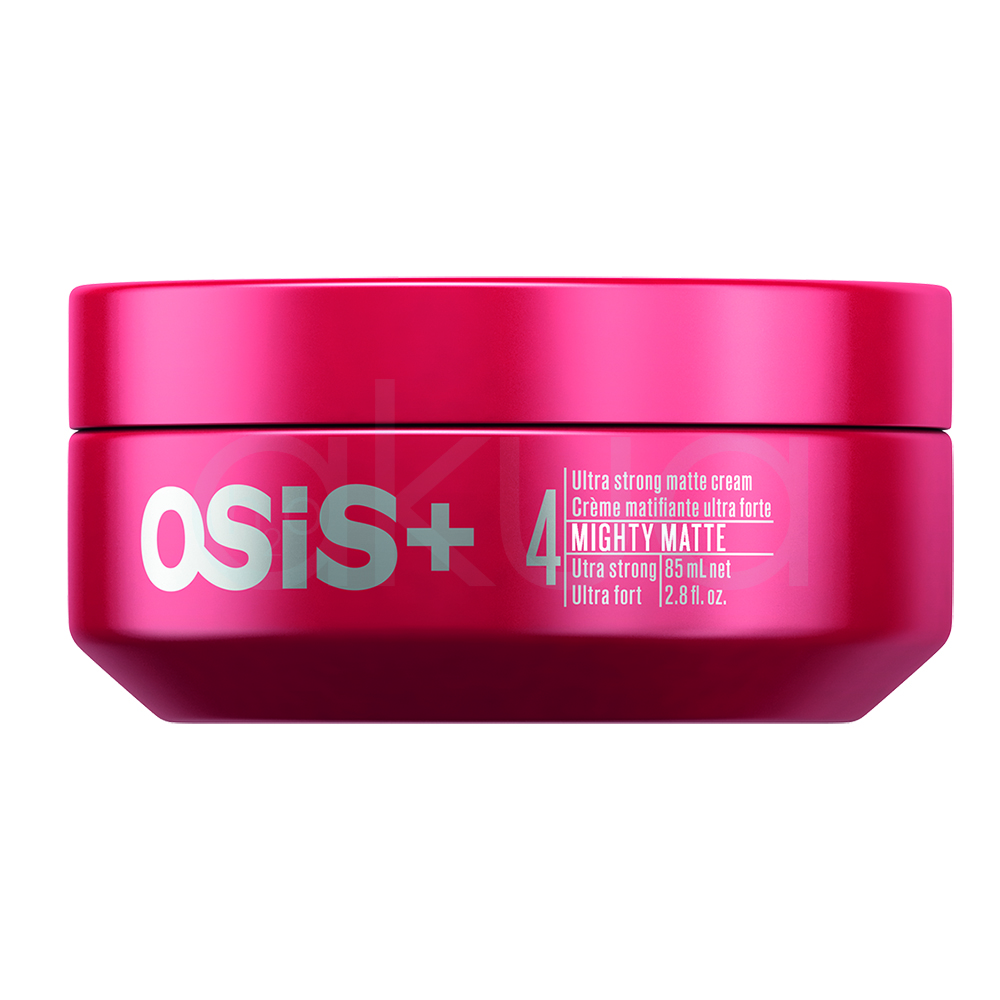 Crema mate fijación ultra fuerte Mighty Matte Osis 85ml. Envase de formato tarro, de color rojo intenso, de la marca Schwarzkopf Professional, línea OSIS+, correspondiente al producto "Mighty Matte". El envase destaca que se trata de una crema mate de fijación ultra fuerte ("Ultra Strong Matte Cream"), especialmente indicada con el nivel de control "4". H2o Akua