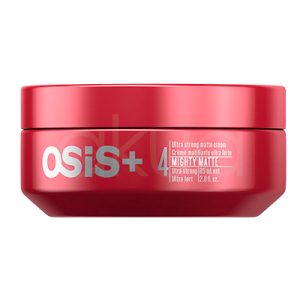 Crema mate fijación ultra fuerte Mighty Matte Osis 85ml. Envase de formato tarro, de color rojo intenso, de la marca Schwarzkopf Professional, línea OSIS+, correspondiente al producto "Mighty Matte". El envase destaca que se trata de una crema mate de fijación ultra fuerte ("Ultra Strong Matte Cream"), especialmente indicada con el nivel de control "4". H2o Akua