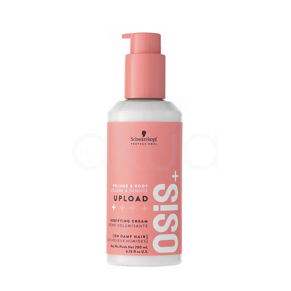 Crema voluminizadora Upload Osis 200ml. Envase de la marca Schwarzkopf Professional, línea OSIS+, con dispensador tipo bomba en tono coral. El producto es "OSiS+ Upload", una crema voluminizadora para el cabello. El diseño del envase combina el blanco con coral, presentando un formato ergonómico que facilita la dosificación y aplicación del producto, pensado para uso profesional y doméstico en el cuidado del cabello y peinados con volumen. H2o Akua