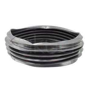 Fuelle goma basculante lavacabezas H2oAkua. La imagen muestra un fuelle de goma negra diseñado como repuesto para lavacabezas basculantes de peluquería. El fuelle tiene forma anillada y flexible, lo que permite movimientos de inclinación (basculado) de la cubeta sin perder la estanqueidad, es decir, sin que se escape el agua por la junta.