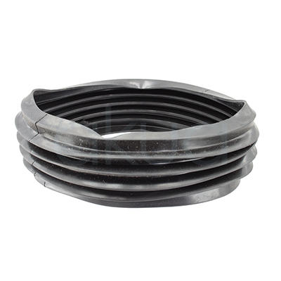Fuelle goma basculante lavacabezas H2oAkua. La imagen muestra un fuelle de goma negra diseñado como repuesto para lavacabezas basculantes de peluquería. El fuelle tiene forma anillada y flexible, lo que permite movimientos de inclinación (basculado) de la cubeta sin perder la estanqueidad, es decir, sin que se escape el agua por la junta.