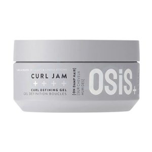 Gel definicion rizos Curl Jam Osis 300ml. El envase es de color gris claro, de forma cilíndrica y con tapa de rosca. En el frontal, además de la marca y nombre, aparecen indicaciones de uso en inglés y francés, recomendando su aplicación. H2o Akua
