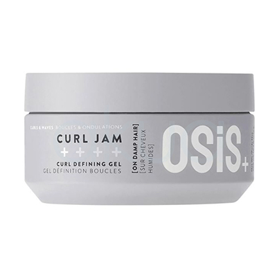 Gel definicion rizos Curl Jam Osis 300ml. El envase es de color gris claro, de forma cilíndrica y con tapa de rosca. En el frontal, además de la marca y nombre, aparecen indicaciones de uso en inglés y francés, recomendando su aplicación. H2o Akua