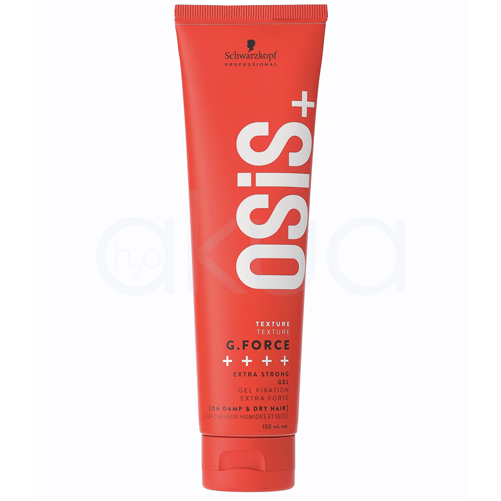 Gel clásico fijacion extrafuerte G-Force Osis 150ml. Tubo de color rojo de la marca Schwarzkopf Professional, línea OSiS+. El envase indica un formato de 150 ml y está dirigido a lograr texturas con una fijación extra fuerte para peinados exigentes. H2o Akua