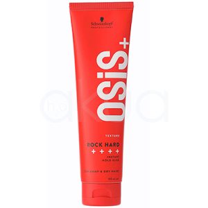 Gel fijador Extra fuerte Rock Hard Osis 150ml. Tubo de color rojo de la marca Schwarzkopf Professional, línea OSiS+, específicamente el producto "ROCK HARD Instant Hold Glue". El envase indica un formato de 150 ml y está dirigido a lograr texturas con una fijación extra fuerte para peinados exigentes. H2o Akua