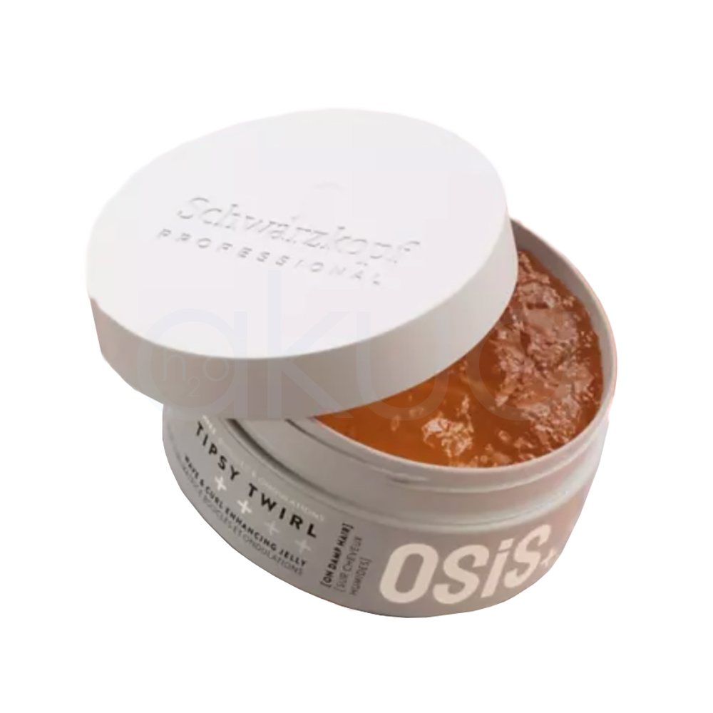 Gelatina potenciadora ondas y rizos Tipsy Twirl Osis 300ml. El envase es de color gris claro, de forma cilíndrica y con tapa de rosca. En el frontal, además de la marca y nombre, aparecen indicaciones de uso en inglés y francés, recomendando su aplicación sobre el cabello húmedo (on damp hair). H2o Akua