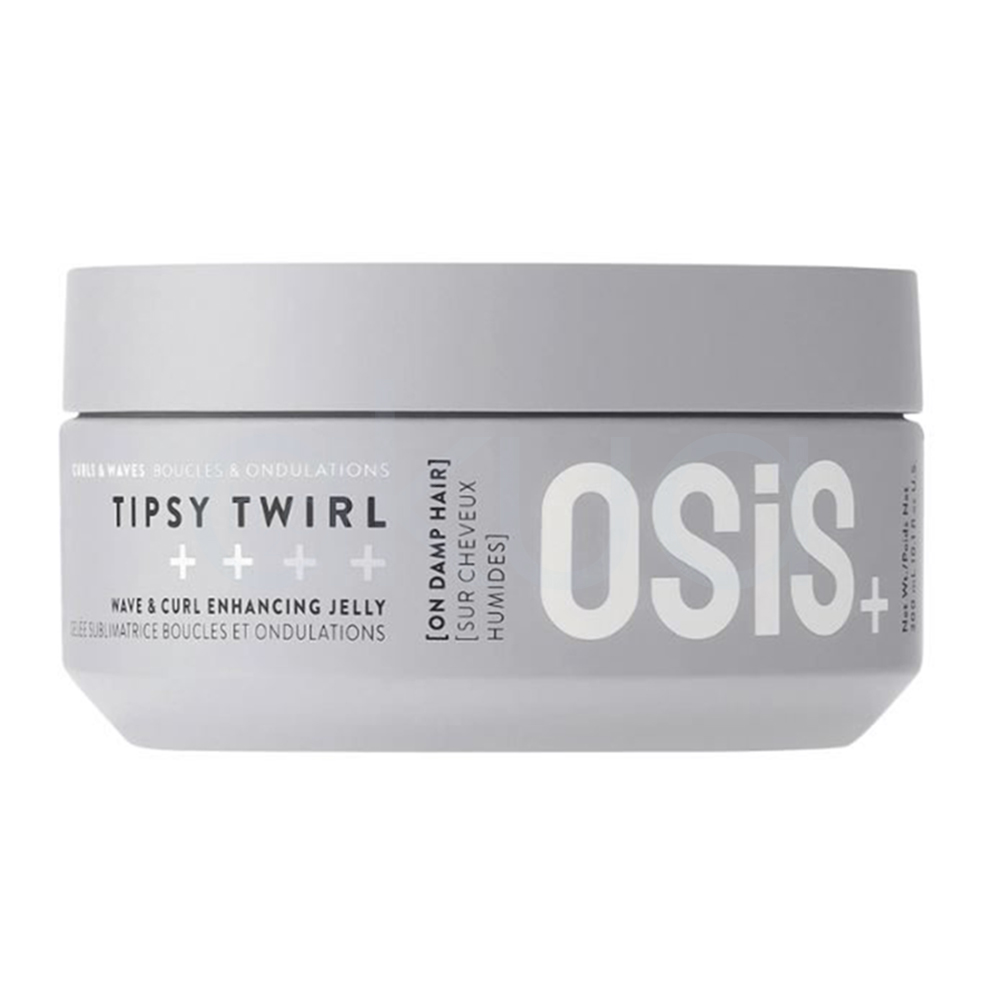 Gelatina potenciadora ondas y rizos Tipsy Twirl Osis 300ml. El envase es de color gris claro, de forma cilíndrica y con tapa de rosca. En el frontal, además de la marca y nombre, aparecen indicaciones de uso en inglés y francés, recomendando su aplicación sobre el cabello húmedo (on damp hair). H2o Akua