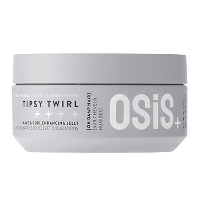 Gelatina potenciadora ondas y rizos Tipsy Twirl Osis 300ml. El envase es de color gris claro, de forma cilíndrica y con tapa de rosca. En el frontal, además de la marca y nombre, aparecen indicaciones de uso en inglés y francés, recomendando su aplicación sobre el cabello húmedo (on damp hair). H2o Akua