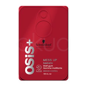 Gomina mate Mess up Osis 100ml Muestra un envase rectangular rojo de diseño compacto, con tapa como en lata de bebida y letras plateadas y blancas indicando que se trata de una goma matificante con control medio. H2o Akua