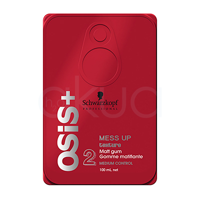 Gomina mate Mess up Osis 100ml Muestra un envase rectangular rojo de diseño compacto, con tapa como en lata de bebida y letras plateadas y blancas indicando que se trata de una goma matificante con control medio. H2o Akua