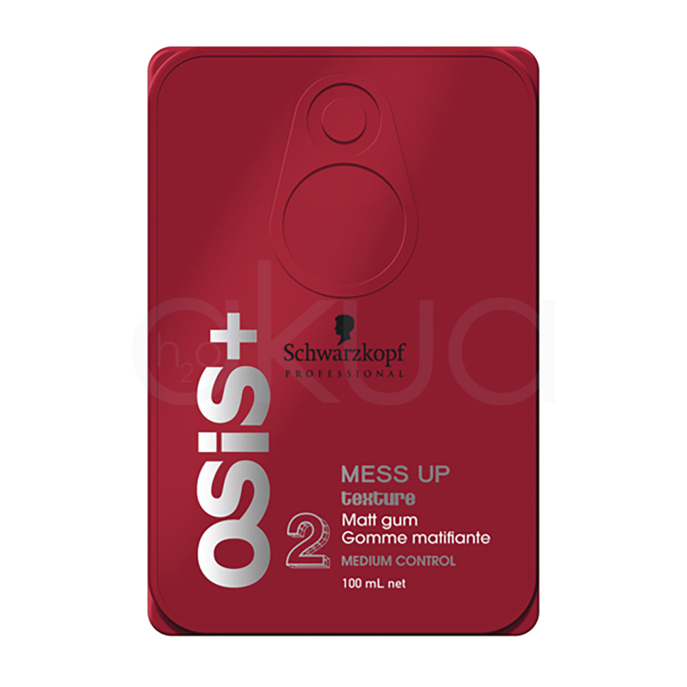 Gomina mate Mess up Osis 100ml Muestra un envase rectangular rojo de diseño compacto, con tapa como en lata de bebida y letras plateadas y blancas indicando que se trata de una goma matificante con control medio. H2o Akua