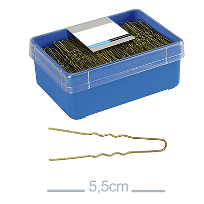 Caja 400 horquillas invisibles bronce rubia rizada 55mm H2oAkua 01616. Caja rectangular azul con tapa transparente que contiene una gran cantidad de horquillas metálicas de color dorado o bronce, de tipo moño y con forma ondulada.