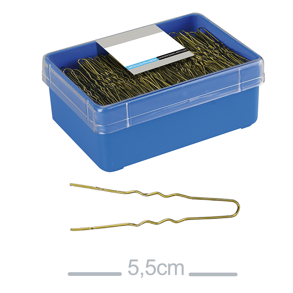 Caja 400 horquillas invisibles bronce rubia rizada 55mm H2oAkua 01616. Caja rectangular azul con tapa transparente que contiene una gran cantidad de horquillas metálicas de color dorado o bronce, de tipo moño y con forma ondulada.