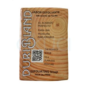 Jabon exfoliante Duribland 100ml. La imagen muestra un envase rectangular de jabón exfoliante DURIBLAND, con forma plana y bordes redondeados. El color predominante es beige claro, simulando las vetas de la madera con tonos marrón y anaranjado suaves. H2o Akua