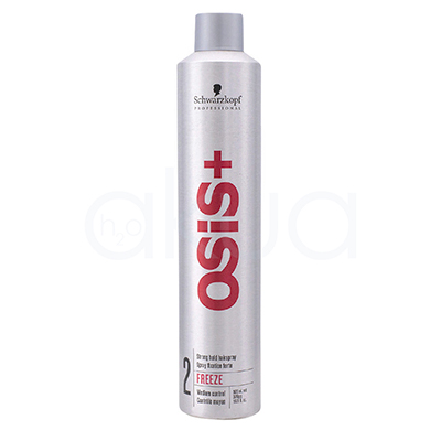 Laca fijacion fuerte Freeze Osis 500ml. Envase cilíndrico blanco con tapón de rosca, de la marca Schwarzkopf Professional, línea OSIS+. El nombre del producto es "Freeze", indicado para fijación fuerte ("Strong Hold"). H2o Akua