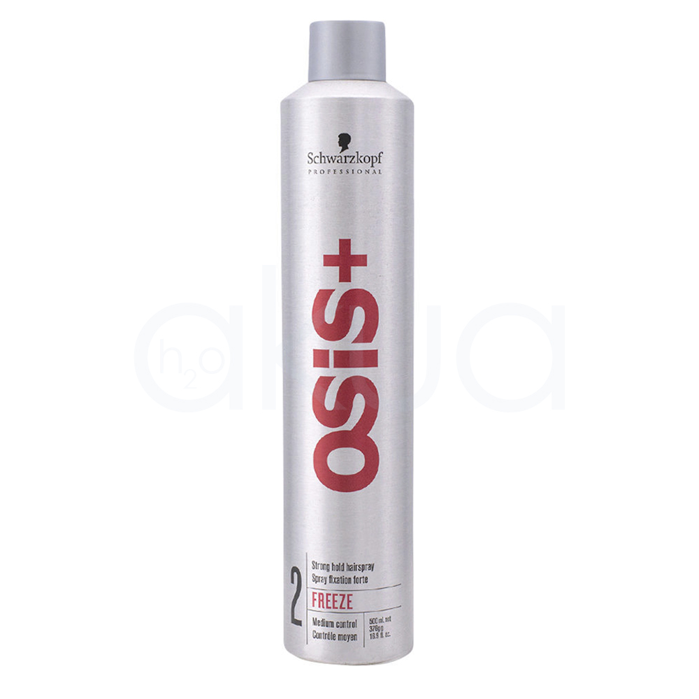 Laca fijacion fuerte Freeze Osis 500ml. Envase cilíndrico blanco con tapón de rosca, de la marca Schwarzkopf Professional, línea OSIS+. El nombre del producto es "Freeze", indicado para fijación fuerte ("Strong Hold"). H2o Akua