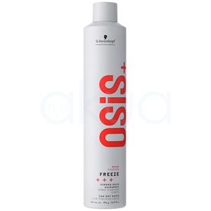 Laca fijacion fuerte "25" Freeze Osis 500ml. Envase cilíndrico blanco con tapón de rosca, de la marca Schwarzkopf Professional, línea OSIS+. El nombre del producto es "Freeze", indicado para fijación fuerte ("Strong Hold"). H2o Akua