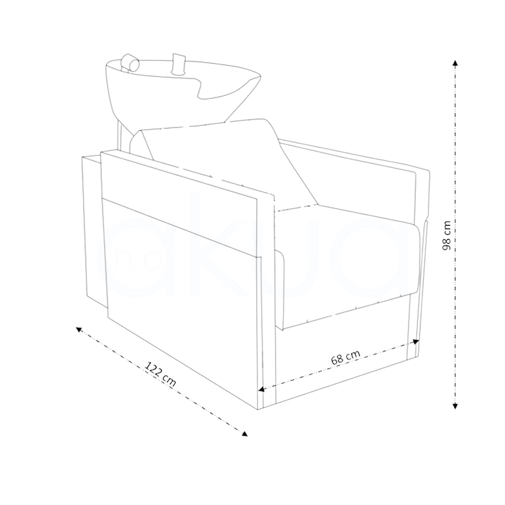 Lavacabezas Rustik negro H2oAkua. La imagen muestra un lavacabezas de peluquería moderno, compuesto por un sillón tapizado en color negro con apoyabrazos anchos y estructura lateral de aspecto madera. En la parte superior, integrado al respaldo, se encuentra una cubeta o pila de lavado de cerámica negra diseñada para lavar el cabello de los clientes.
