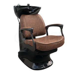 Lavacabezas barbero Stafford marron 06957/69. La imagen muestra un lavacabezas profesional de estilo vintage, acabado en negro brillante, con asiento y respaldo tapizados en polipiel negra de líneas verticales, y reposabrazos curvados ergonómicos. La imagen muestra un lavacabezas profesional de estilo vintage, acabado en negro brillante, con asiento y respaldo tapizados en polipiel marron de líneas verticales, y reposabrazos curvados ergonómicos.