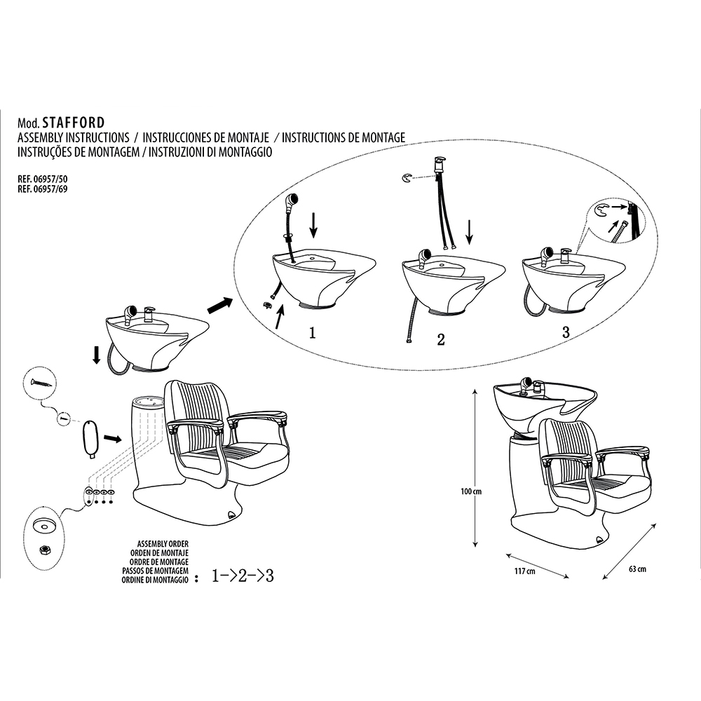 Lavacabezas barbero Stafford negro 06957/50. La imagen muestra un lavacabezas profesional de estilo vintage, acabado en negro brillante, con asiento y respaldo tapizados en polipiel negra de líneas verticales, y reposabrazos curvados ergonómicos.