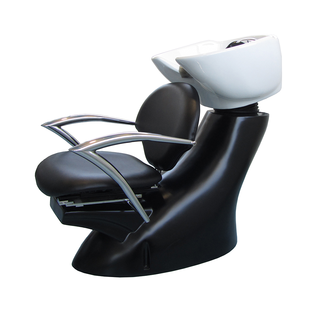 Lavacabezas strangiss teja blanca con sillon negro H2oAkua. La imagen muestra un lavacabezas profesional de peluquería. El diseño combina un asiento y respaldo acolchados en color negro, apoyabrazos metálicos cromados de doble barra y una base robusta de material plástico o fibra también en negro mate. Sobre el respaldo está integrada una cubeta de lavado de cerámica blanco de gran tamaño, destinada al lavado del cabello.