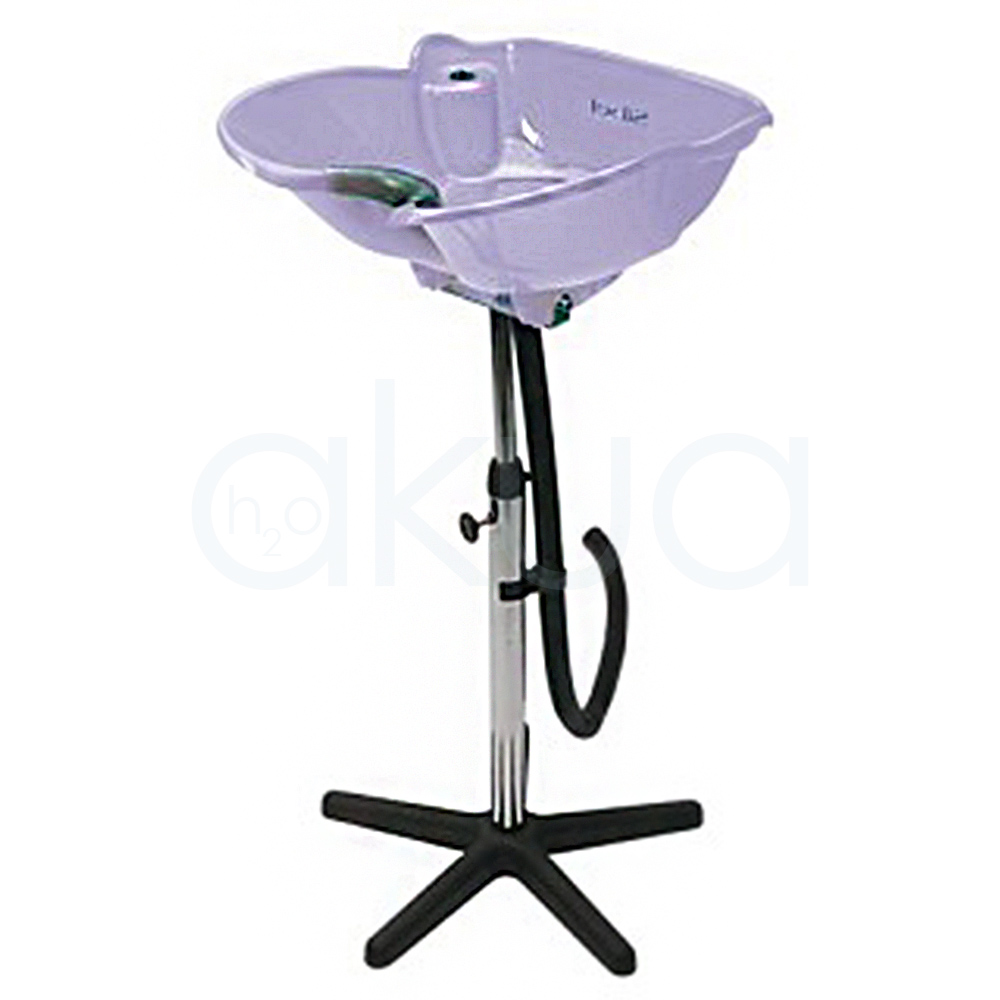 Lavacabezas portatil basculante Outlet. La imagen muestra tres lavacabezas portátiles de peluquería, cada uno en un color diferente: negro, lila y gris. El modelo negro está completamente montado sobre una base de cinco patas tipo estrella, con tubo de desagüe y soporte regulable en altura. H2o Akua