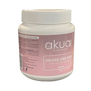 Mascarilla Deluxe H2oAkua 850ml. Envase cilíndrico de plástico blanco con tapa de rosca, destinado a uso profesional y doméstico. El producto es una mascarilla reparadora capilar de la línea Deluxe Line Hair de la marca H2oAkua Pro. Su etiqueta es rosa y blanca e indica un contenido de 850 ml