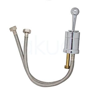 Monomando para lavacabezas H2oAkua.La imagen muestra un grifo monomando joystick para lavacabezas, reconocible por su base cromada y palanca superior con bola decorativa. El recambio incluye dos latiguillos flexibles metálicos para la conexión de agua caliente y fría, además de la rosca de montaje en la parte inferior para su instalación en la cubeta del lavacabezas.