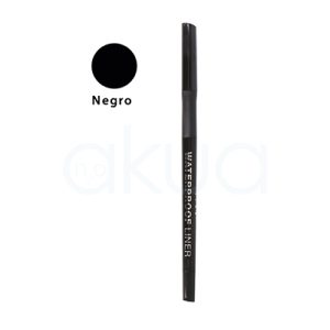 Perfilador de ojos waterprof negro Stageline 09119. Lápiz delineador de ojos negro con diseño delgado y tapa del mismo color. En el cuerpo del lápiz se lee la inscripción "WATERPROOF LINER", que indica que es un delineador resistente al agua. H2o Akua