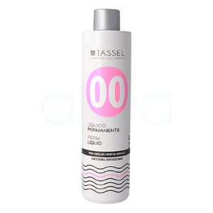 Permanente 00 cabellos dificiles Tassel 500ml 07774. En la imagen aparece un bote cilíndrico de producto para el cabello de la marca TASSEL. Es un “líquido permanente” para cabellos fuertes o difíciles, con diseño blanco y detalles en rosa y negro, destacando un gran “00” en un círculo rosa en la parte frontal. H2o Akua