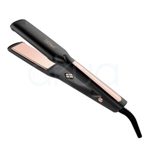 Plancha Titanium Cooper Eurostil 09036. Muestra una plancha de pelo profesional Eurostil con placas extra anchas y un acabado elegante en negro y oro rosado. El diseño incluye un panel de control digital con varios botones ubicados en la parte interna, cerca de las placas, y un display digital que permite seleccionar la temperatura. Las placas, de tipo flotante. H2o Akua