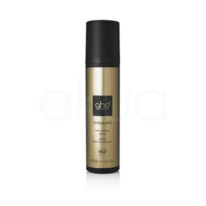 Protector termico Body Guard ghd 120ml. La imagen muestra un envase cilíndrico de spray protector térmico de cabello de la marca GHD, modelo Bodyguard. El frasco tiene base dorada mate con detalles en negro, incluyendo la tapa y el recuadro central donde aparece el logotipo “ghd. H2o Akua