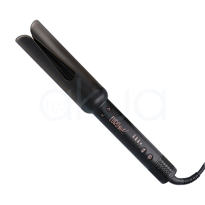 Rizador Twister Eurostil 07961. En color negro mate, con barril cerámico y cuerpo ergonómico. En el mango se pueden ver los controles de temperatura y encendido, así como indicadores LED y el nombre de la marca "Eurostil". Cuenta con cable giratorio y botones de control para ajustar la temperatura y dirección del rizo. H2o Akua