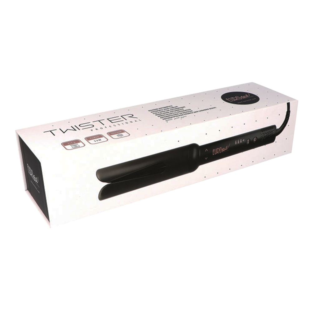 Rizador Twister Eurostil 07961. En color negro mate, con barril cerámico y cuerpo ergonómico. En el mango se pueden ver los controles de temperatura y encendido, así como indicadores LED y el nombre de la marca "Eurostil". Cuenta con cable giratorio y botones de control para ajustar la temperatura y dirección del rizo. H2o Akua