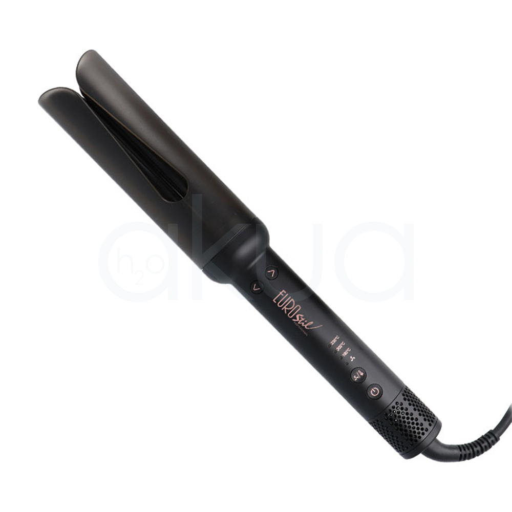 Rizador Twister Eurostil 07961. En color negro mate, con barril cerámico y cuerpo ergonómico. En el mango se pueden ver los controles de temperatura y encendido, así como indicadores LED y el nombre de la marca "Eurostil". Cuenta con cable giratorio y botones de control para ajustar la temperatura y dirección del rizo. H2o Akua