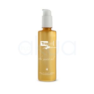 Serum The secret oil Traybell 200ml Outlet. El recipiente es un frasco semitransparente de color dorado con tapón dosificador blanco. H2o Akua