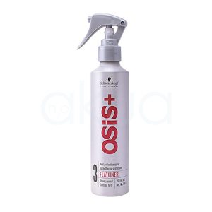 Serum alisador Flatliner Osis 200ml. El envase es cilíndrico, plateado con letras rojas verticales y el logo Schwarzkopf Professional; en la parte superior, lleva una pistola difusora de color rojo. H2o Akua
