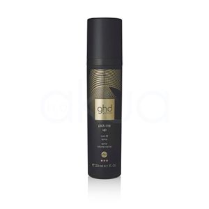 Spray de volumen pick me up ghd 120ml. La imagen muestra un envase cilíndrico de spray para el cabello de la marca GHD, modelo "pick me up". El diseño es elegante y moderno, mayormente en negro mate, con detalles dorados y gráficos de líneas curvas en la parte superior. En la etiqueta central aparece el logotipo “ghd” y debajo la descripción del producto: “pick me up root lift spray”, destinado a aportar volumen desde la raíz. Es un formato de 120 ml, ideal para uso profesional y doméstico. H2o Akua