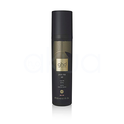 Spray de volumen pick me up ghd 120ml. La imagen muestra un envase cilíndrico de spray para el cabello de la marca GHD, modelo "pick me up". El diseño es elegante y moderno, mayormente en negro mate, con detalles dorados y gráficos de líneas curvas en la parte superior. En la etiqueta central aparece el logotipo “ghd” y debajo la descripción del producto: “pick me up root lift spray”, destinado a aportar volumen desde la raíz. Es un formato de 120 ml, ideal para uso profesional y doméstico. H2o Akua