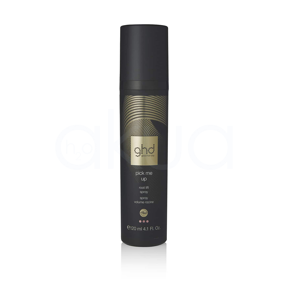 Spray de volumen pick me up ghd 120ml. La imagen muestra un envase cilíndrico de spray para el cabello de la marca GHD, modelo "pick me up". El diseño es elegante y moderno, mayormente en negro mate, con detalles dorados y gráficos de líneas curvas en la parte superior. En la etiqueta central aparece el logotipo “ghd” y debajo la descripción del producto: “pick me up root lift spray”, destinado a aportar volumen desde la raíz. Es un formato de 120 ml, ideal para uso profesional y doméstico. H2o Akua