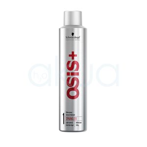 Spray sparkler brillo Osis 300ml. Envase metálico plateado y cilíndrico de la marca Schwarzkopf Professional, línea OSIS+, correspondiente al producto "Sparkler". El texto indica que es un spray de brillo, con control ligero (nivel 1). H2o Akua.