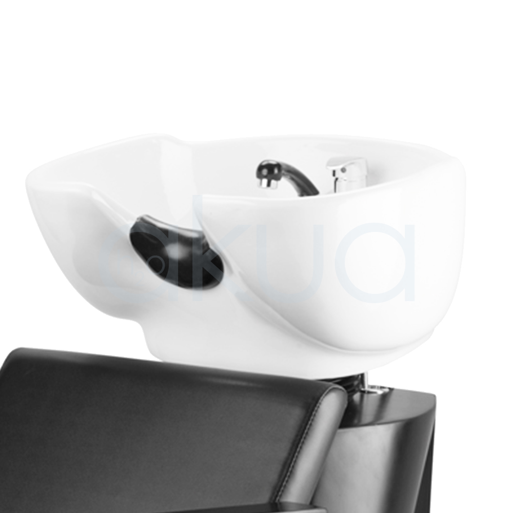 Recambio teja porcelana H2oAkua. Cubeta de lavacabezas de cerámica negra brillante, integrada en la parte superior de un sillón profesional de peluquería. La cubeta tiene forma ergonómica y profunda, diseñada para facilitar el lavado del cabello, con grifería y ducha acoplada en la parte interna.