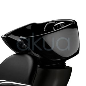 Recambio teja porcelana H2oAkua. Cubeta de lavacabezas de cerámica negra brillante, integrada en la parte superior de un sillón profesional de peluquería. La cubeta tiene forma ergonómica y profunda, diseñada para facilitar el lavado del cabello, con grifería y ducha acoplada en la parte interna.