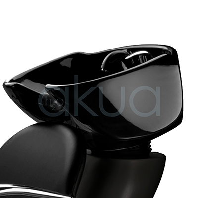 Recambio teja porcelana H2oAkua. Cubeta de lavacabezas de cerámica negra brillante, integrada en la parte superior de un sillón profesional de peluquería. La cubeta tiene forma ergonómica y profunda, diseñada para facilitar el lavado del cabello, con grifería y ducha acoplada en la parte interna.